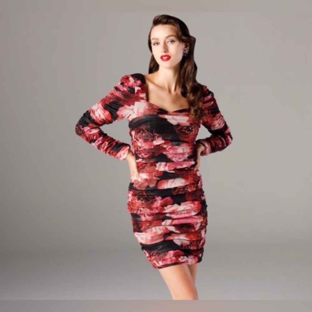 Ruched Floral Long-Sleeve Mini Dress in Pink and Black Cache XL - Picture 9 of 10